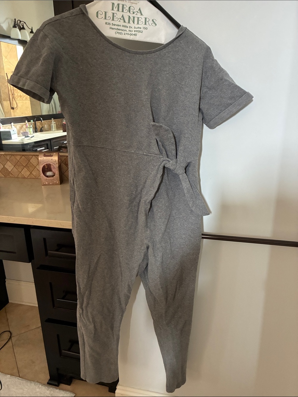 Women’s Gray Short-Sleeve Jumpsuit with Side Tie and zipper back